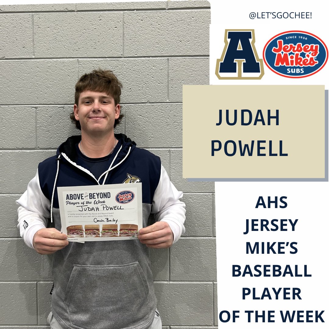 GO CHEE (@apalacheead) on Twitter photo Congratulations Apalachee Senior Judah Powell on being named AHS Jersey Mike's Baseball Player of the Week. Way to GO CHEE! <a href="/bcssactivities/">BCSS Athletics/Student Affairs</a> <a href="/CheeBaseballAHS/">Apalachee Baseball</a> <a href="/ApalacheeHS/">Apalachee HS</a> <a href="/cityofwinder/">The City of Winder</a> <a href="/jerseymikes/">Jersey Mike's Subs</a> <a href="/GACACoaches/">Georgia Athletic Coaches Association</a> <a href="/JournalBarrow/">Barrow News - Journal Sports</a> <a href="/onlineathens/">Athens Banner-Herald</a> Congratulations Apalachee Senior Judah Powell on being named AHS Jersey Mike's Baseball Player of the Week. Way to GO CHEE! <a href="/bcssactivities/">BCSS Athletics/Student Affairs</a> <a href="/CheeBaseballAHS/">Apalachee Baseball</a> <a href="/ApalacheeHS/">Apalachee HS</a> <a href="/cityofwinder/">The City of Winder</a> <a href="/jerseymikes/">Jersey Mike's Subs</a> <a href="/GACACoaches/">Georgia Athletic Coaches Association</a> <a href="/JournalBarrow/">Barrow News - Journal Sports</a> <a href="/onlineathens/">Athens Banner-Herald</a>