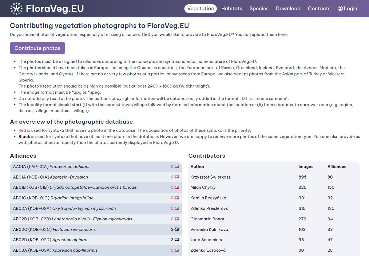 We have launched a new portal to upload photos of European vegetation syntaxa to the FloraVeg.EU database: floraveg.eu/vegetation/con… Thanks to all the contributors! Others are invited to join us. Please focus primarily on the missing alliances (marked with red zeros).