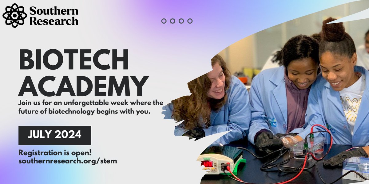 Welcome to Biotech Academy, a transformative weeklong summer program tailored for 10th-12th grade students ready to immerse themselves in the world of biotechnology. 🧬🥼🧫

Registration is open! Learn more and join us: southernresearch.org/stem-biotech-a…