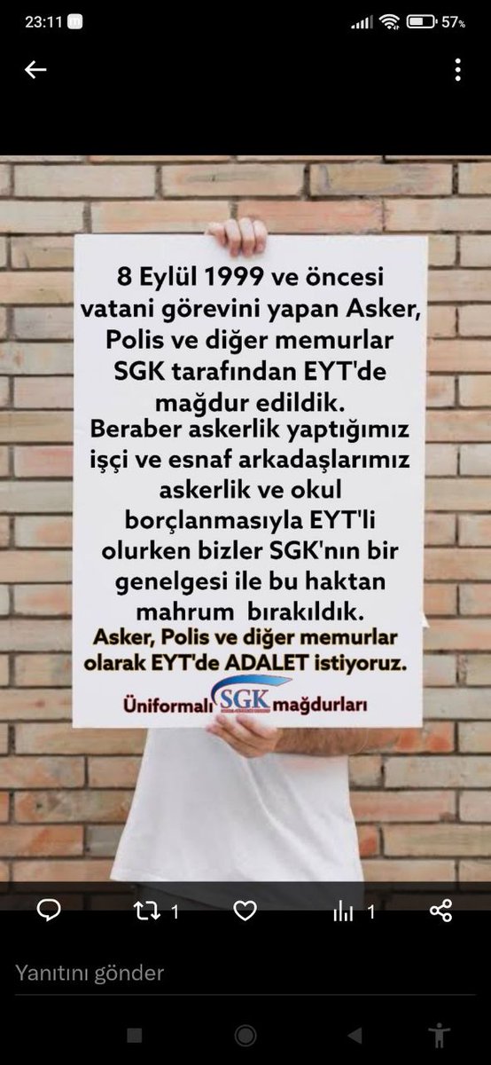 #degermi.Konu ; Asker, polis ve memurların Askerlik Borçlanması olunca SGK,  kanuni dayanağı olmayan genelgeler yazarak, bizim Askerlik borçlanmamızı kabul etmedi.
Vatan hizmeti olan  Askerlikte yapanlar arasında ayrım yapıldı.
#değermi ayrım yapmaya <a href="/tunaoztunc/">Tuna Öztunç</a> bey