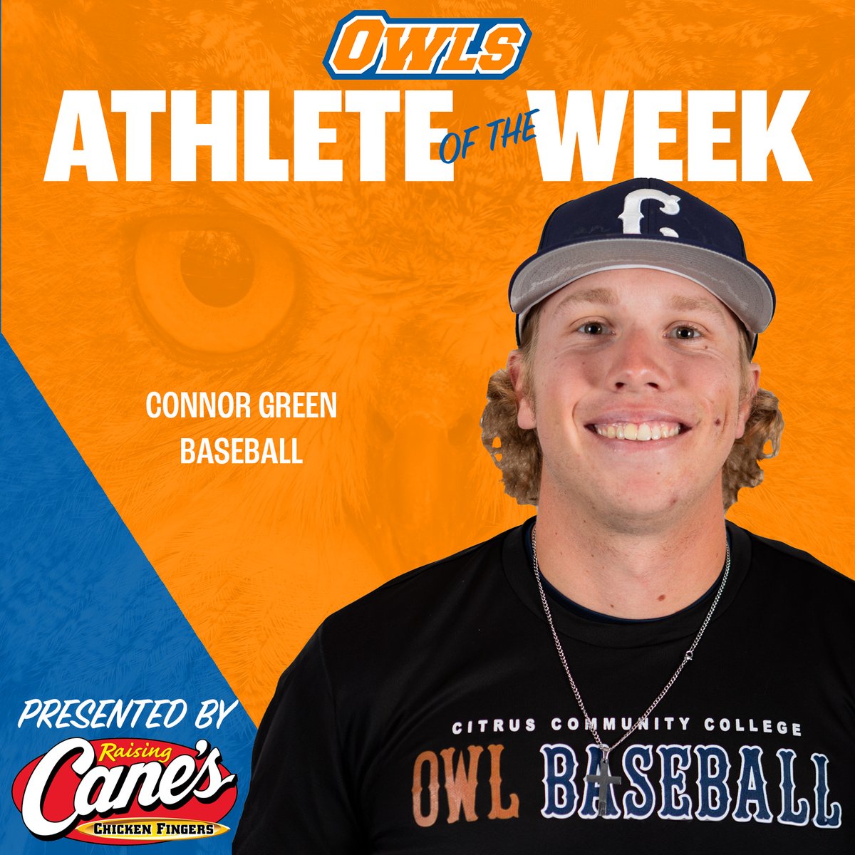 🤩 This week's Men's Athlete of the Week, presented by @raisingcanes, is Citrus Baseball's Connor Green! The sophomore went 5-for-9 last week with five runs and four RBIs. He had two doubles, blasted one home run, and drew six walks. 🦉 #citrUS