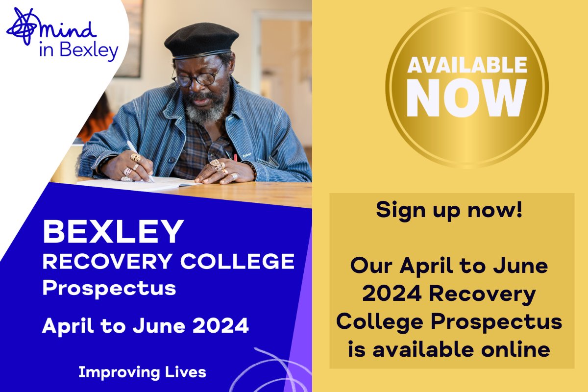 Our new April to June Recovery College Prospectus is out now! It's filled with a wide range of courses, groups and workshop to sign up for. To download the Prospectus, visit: buff.ly/43k6fE9 To visit the webpage, click: mindinbexley.org.uk/recovery/ #bexley #mentalhealthmatters