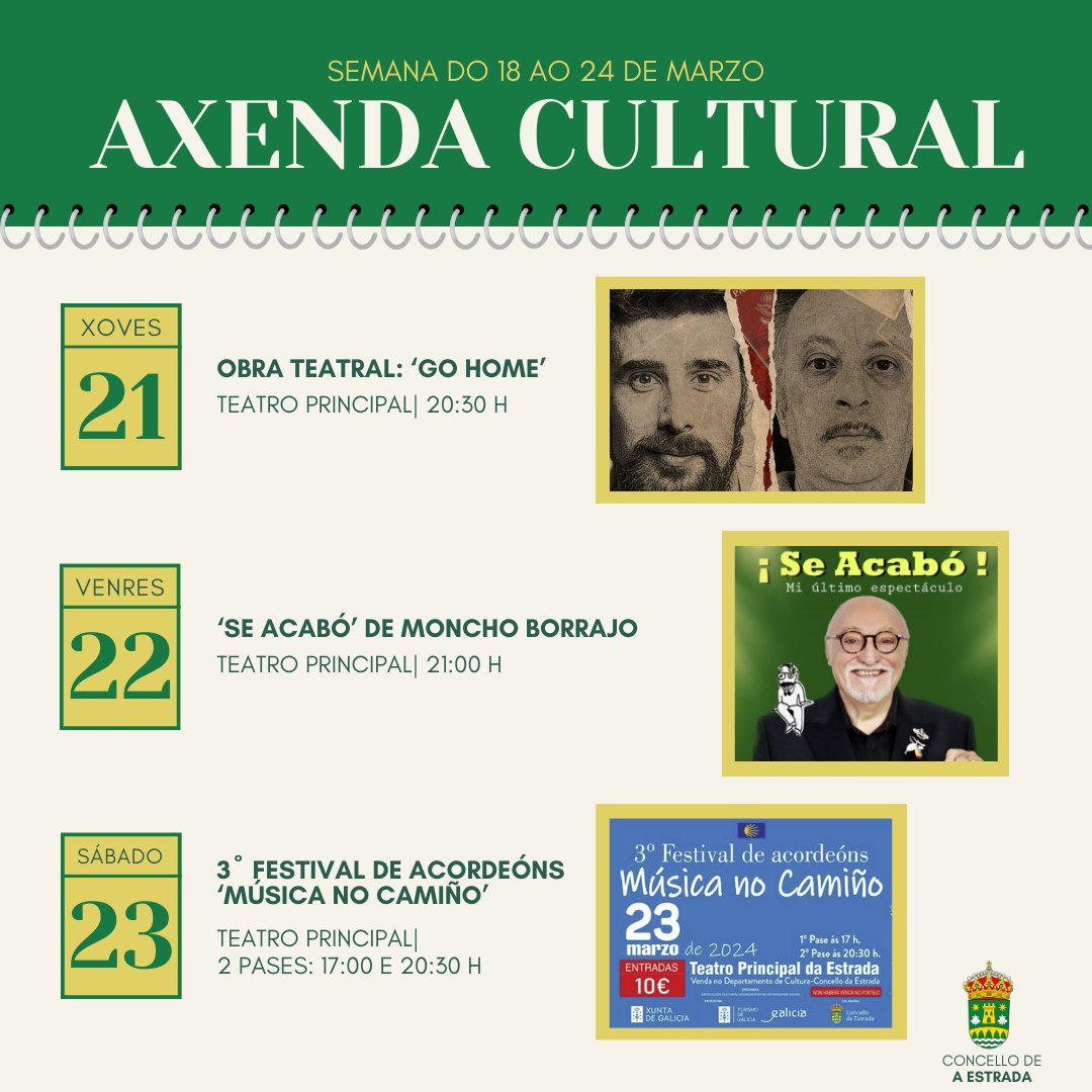 📣 Xa está aquí a axenda cultural desta semana!

O Teatro Principal encherase de teatro, comedia e música, coa obra 🎭 'Go Home', o espectáculo 🗣️ 'Se Acabó' e o 🎵 Festival de Acordeóns.
