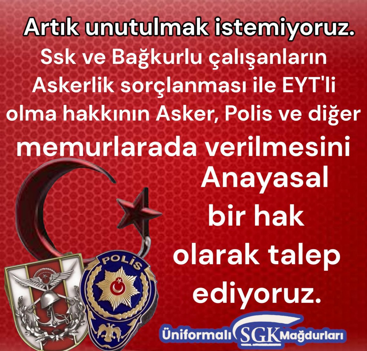 #degermi.Konu ; Asker, polis ve memurların Askerlik Borçlanması olunca SGK,  kanuni dayanağı olmayan genelgeler yazarak, bizim Askerlik borçlanmamızı kabul etmedi.
Vatan hizmeti olan  Askerlikte yapanlar arasında ayrım yapıldı.
#değermi ayrım yapmaya <a href="/tunaoztunc/">Tuna Öztunç</a> bey