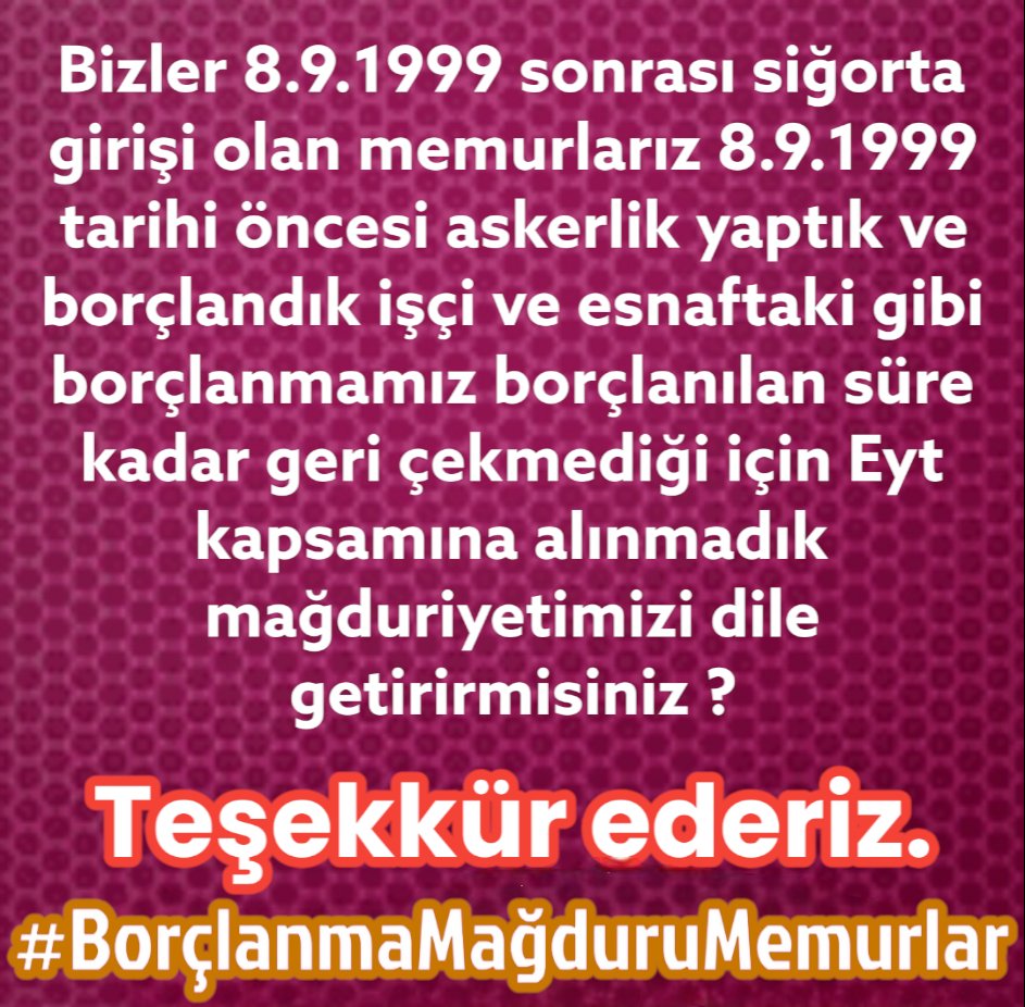 #degermi.Konu ; Asker, polis ve memurların Askerlik Borçlanması olunca SGK,  kanuni dayanağı olmayan genelgeler yazarak, bizim Askerlik borçlanmamızı kabul etmedi.
Vatan hizmeti olan  Askerlikte yapanlar arasında ayrım yapıldı.
#değermi ayrım yapmaya <a href="/tunaoztunc/">Tuna Öztunç</a> bey
