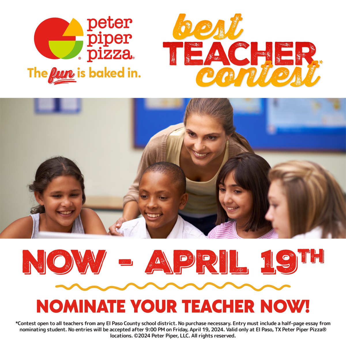 📍EL PASO — Calling all students! It's time to celebrate the educators who shape our futures! 🏆 Nominate your favorite teacher to be named 'Peter Piper Pizza's Best Teacher' 🌟 We're awarding 6 deserving teachers in the EP County a $500 sponsorship check & a pizza party!🍕📚