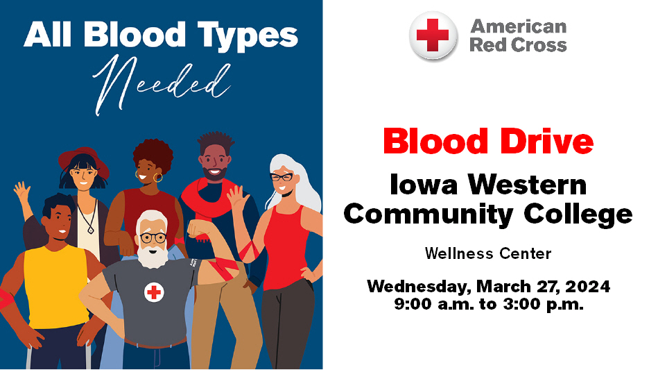 Join us on March 27 to give back by giving blood at Iowa Western Community college