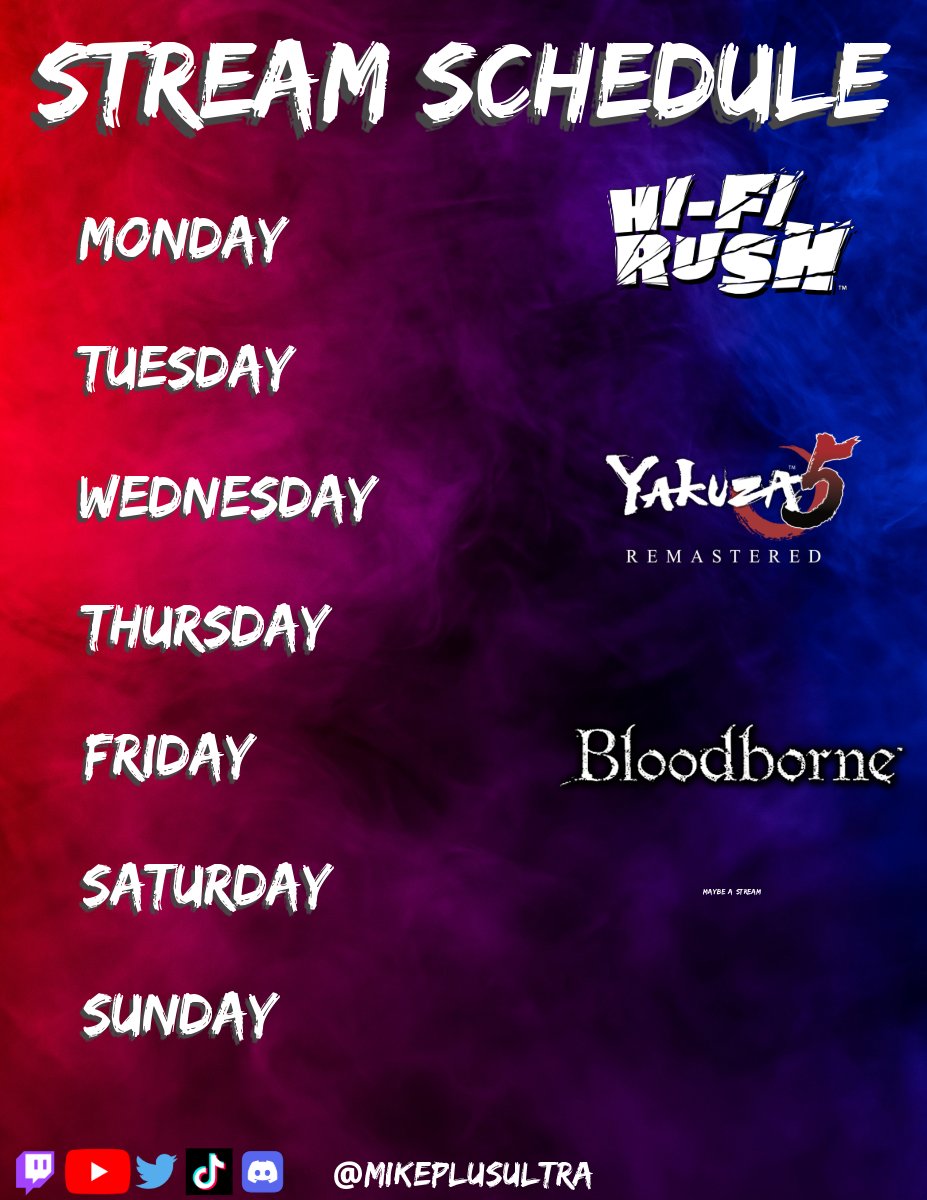 New week, new schedule. Maybe with a little mystery this time?

Monday: 6 pm CET / 12 pm EST 
Wednesday: 5 pm CET / 11 am EST  
Friday: 5 pm CET / 11 am EST