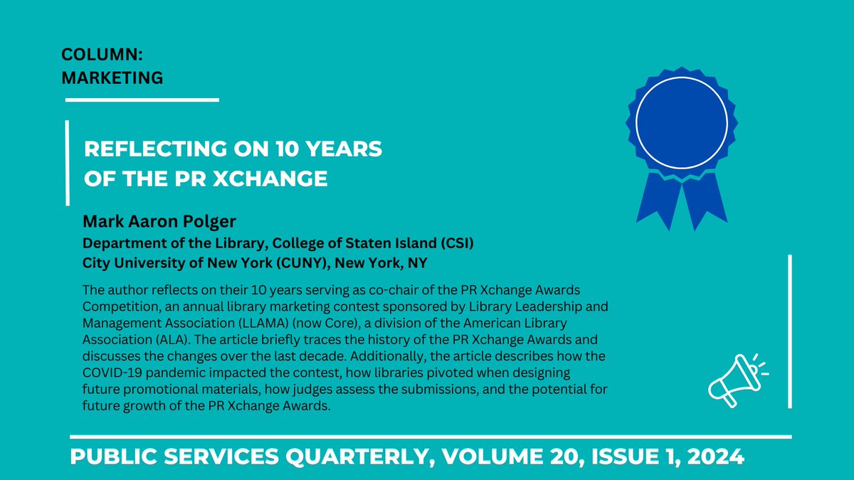 In the latest Marketing column, editor @johnxlibris invites @markaaronpolger (#PRXChange co-chair and #academiclibrarian @csilibrary) to reflect on their 10 years with the @ALALibrary Annual PR Xchange Awards competition. 🏆Read more at doi.org/10.1080/152289… 
#librarymarketing