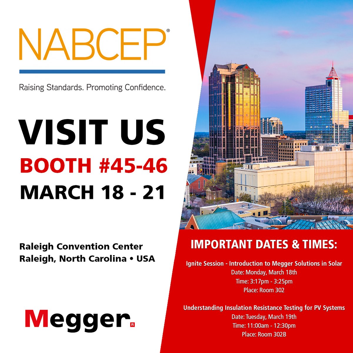 MeggerUSA's tweet image. Join us for NABCEP 2024! Visit booth 45 - 46 to speak with our industry professionals about your applications and learn more about Megger&apos;s new innovative testing solutions.

#solar #testing #testingtools #energytech #renewables #NABCEP