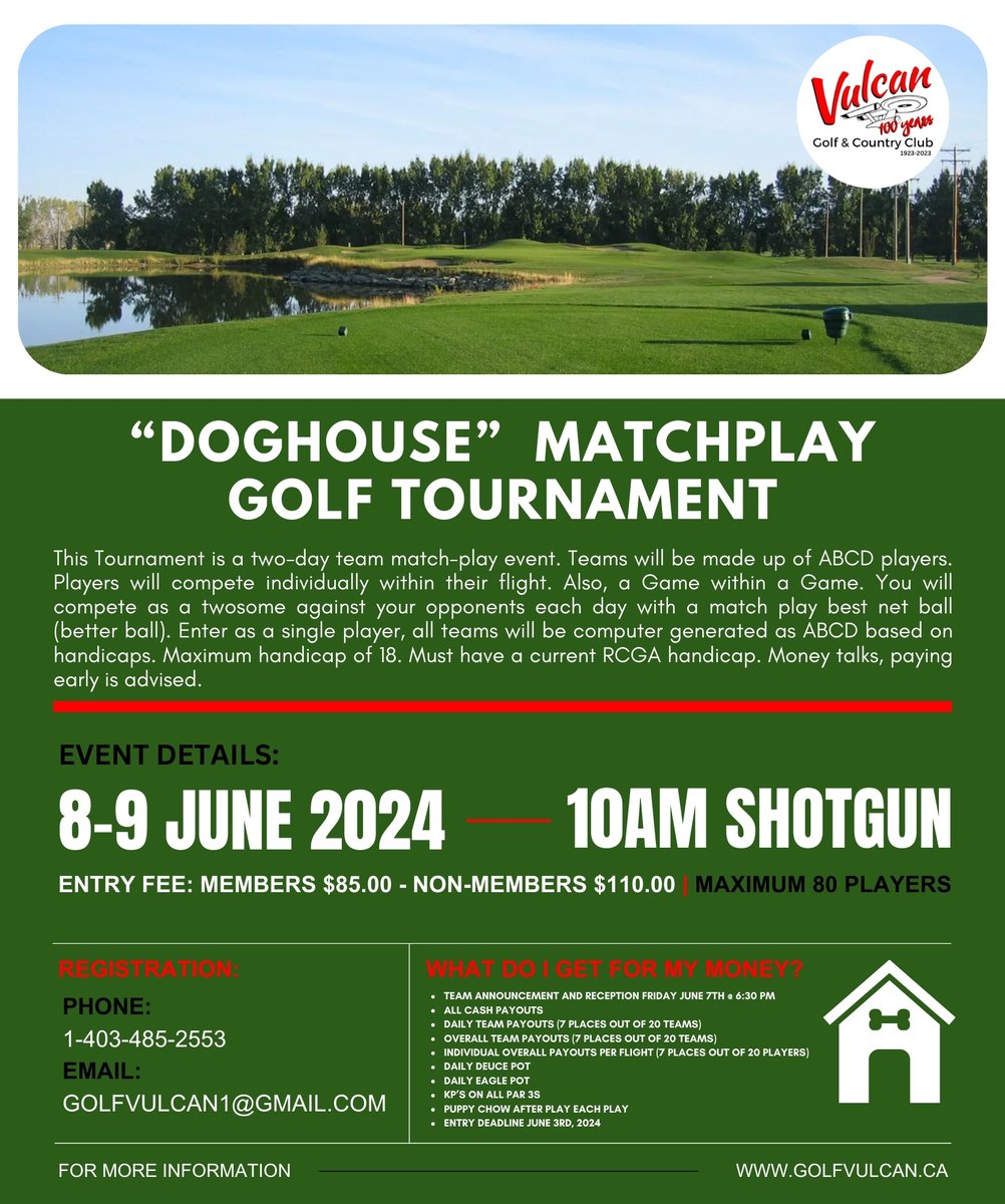 Sign up for the Doghouse Matchplay Tournament today! 🐾

#vulcangolfandcountryclub #vulcan #vulcanalberta #golfalberta #albertagolf #golfday #golfcourse #golfcourses #golflifestyle #golfcalgary #yycgolf #golfcanada #yyc #yql #alberta #vulcancounty #teeoff #southernalberta