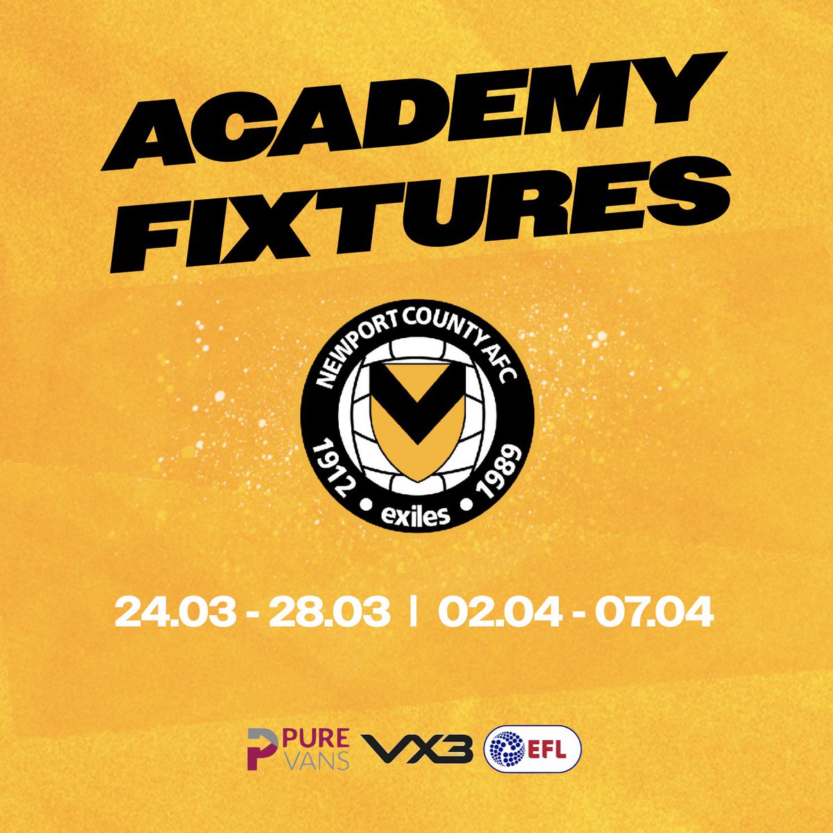 🗓️ | U9 - U16 Games 

We’re looking for additional games during the Easter period from, 24/03 to 28/03 &amp; 02/04 to 07/04. 

If you’re interested in hosting or travelling to us in the day or evening reply to this tweet or contact us on academy.admin@newport-county.co.uk