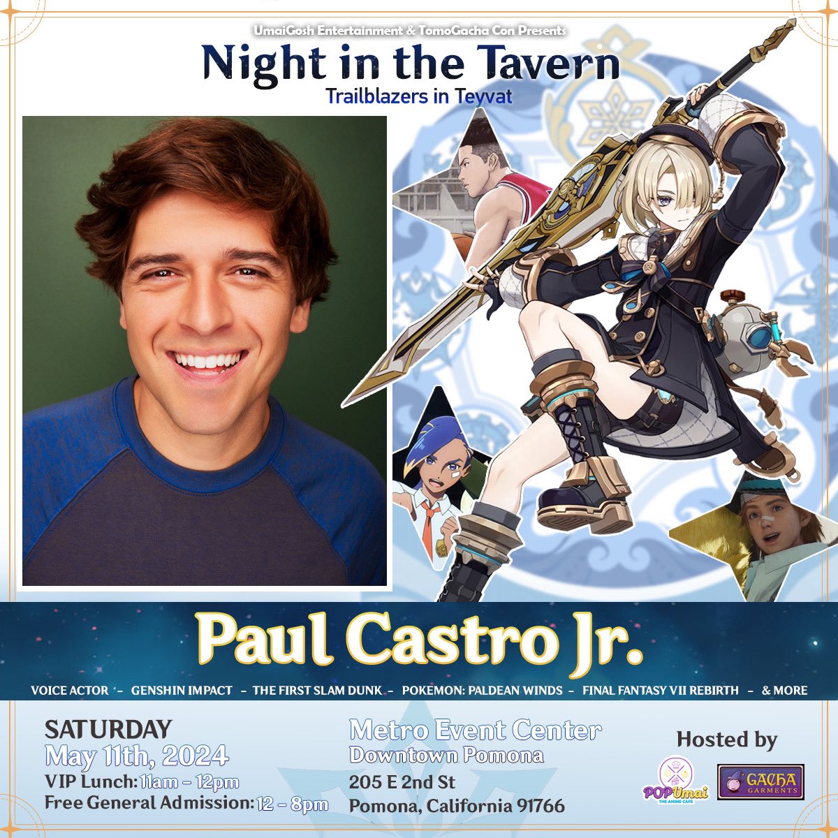pop_umai's tweet photo. We’re so excited to announce that our next Guest of Honor is @PaulCastroJr , English voice of #Freminet from #Genshin_Impact 🥳

Meet our special guests &amp; more on Saturday, May 11th in Pomona, California

Register for your free tickets 🔽
https://t.co/W7WmK8Vke2 https://t.co/e7gKHnxr2e