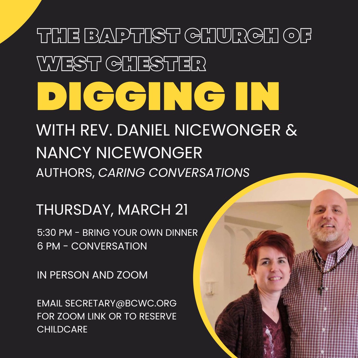APITC_org's tweet photo. Digging In is a podcast-style conversation that meets this Thursday at 6 PM. This week's conversation features our very own @Dan_Nicewonger and Nancy Nicewonger, who will discuss their book, Caring Conversations. 

Let us know if you're coming: https://t.co/oTDlxzUOmF https://t.co/PNrBjtiEPE