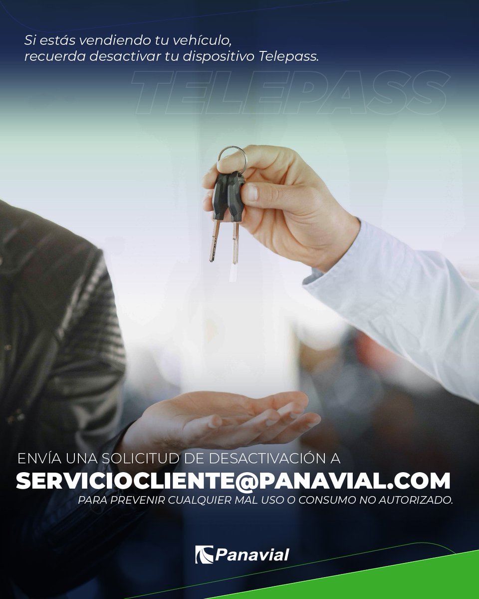 Panavial_ec's tweet image. 🚨 Si estás vendiendo tu vehículo, recuerda desactivar tu dispositivo Telepass. Envía una solicitud de desactivación a serviciocliente@panavial.com para prevenir cualquier mal uso o consumo no autorizado. Tu seguridad es nuestra prioridad. #Telepass #SeguridadVial 🚗🔐