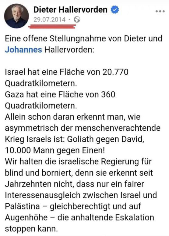 Offene Stellungsnahme von #DieterHallervorden 2014💯💯💯💯💯💯💯💯

Heute , 10 Jahre später 🤔

#DavidgegenGoliath