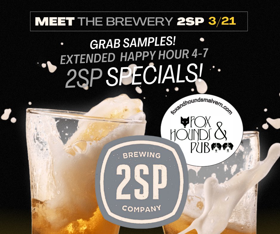 THIS THURSDAY! Come Thirsty! 2SP is paying us a visit! New release! 2SP Extra-specials! Free samplin'! 33% off ALL alcoholic beverages! 33% off hummus, cheesesteak springrolls, nachos and wings! BEER THE BREWERY Thursday at 4!