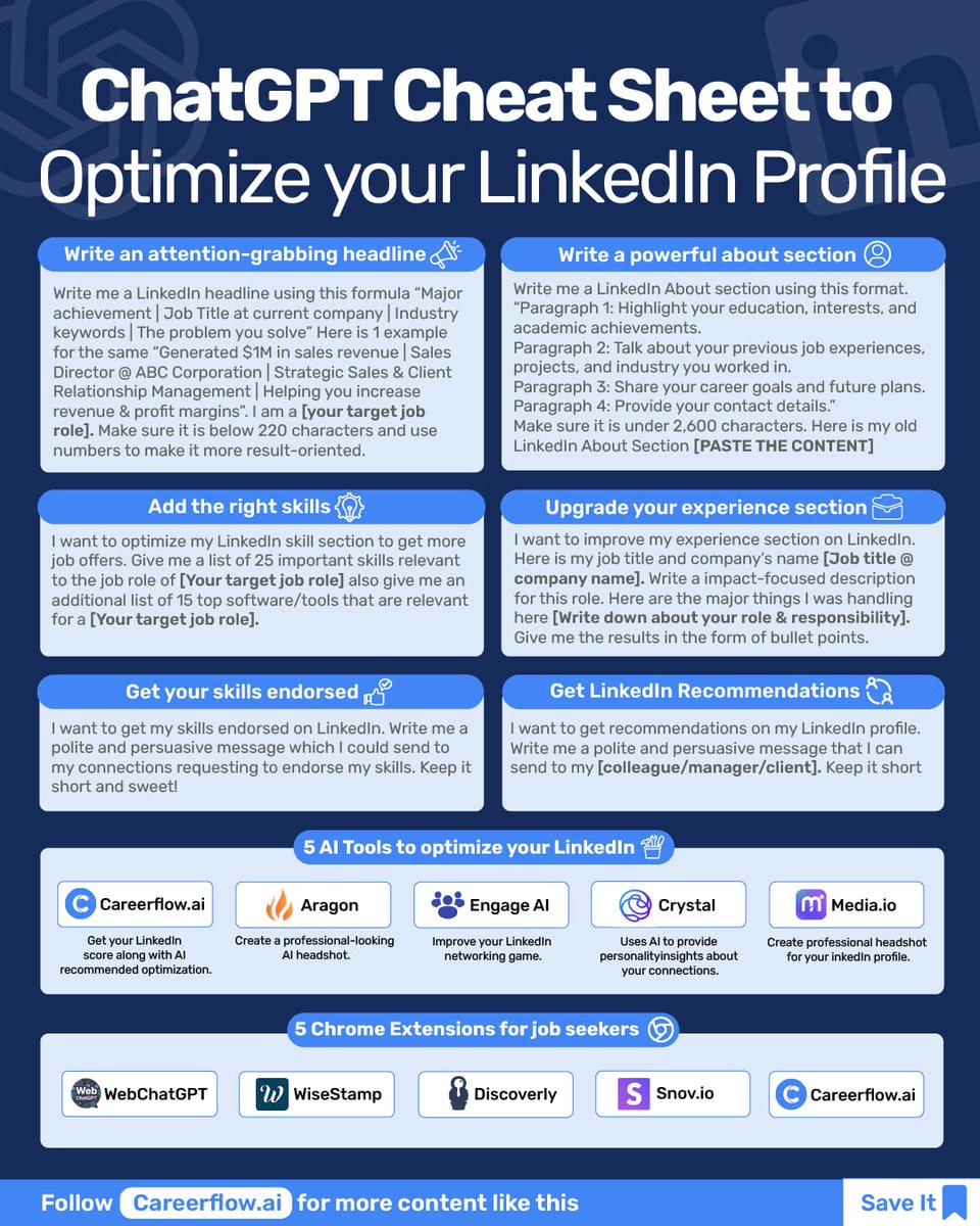 careerflow_ai's tweet image. LinkedIn tips 101 ✅

Save this post and optimize your LinkedIn profile with these tips, and to make it more convenient, use this AI tool.👇

#linkedintips #linkedinoptimization #linkedin #jobsearch #jobhunt #jobopportunity #chatgptprompts #aitools #careerflow