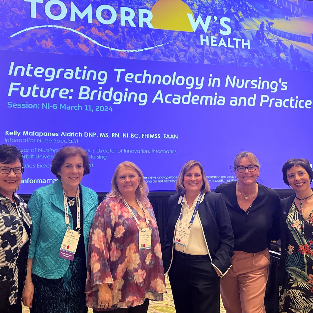 What an honor VUSN Professor Dr. Kelly Aldrich presented at the annual HIMSS on the topic of Integrating Technology in Nursing's Future: Bridging Academia and Practice. 
Here Dr. Aldrich stands with NI leaders from across the US, congratulations Dr. Aldrich!🎉 #nursinginformatics