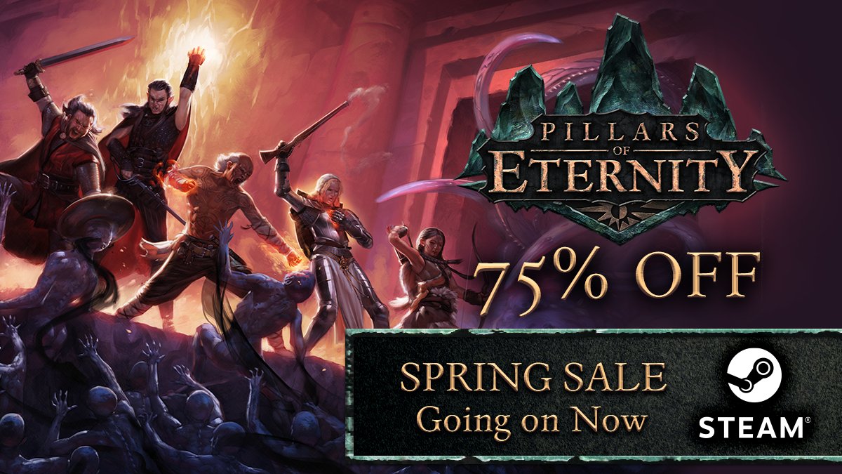 Pillars of Eternity is ON SALE for 75% OFF during the Steam Spring Sale! Before you join us in the Living Lands, explore the Eastern Reach as a Watcher in the world of Eora. Sale ends March 21st at 10am PT/1pm ET. store.steampowered.com/app/291650/Pil…