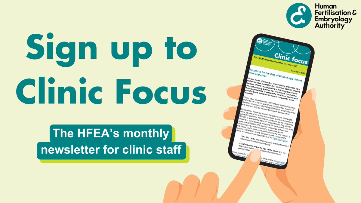 Our Clinic Focus newsletter provides a monthly roundup of news and information for clinics and their staff working in the field of fertility treatment. If you're interested, sign up here: bit.ly/HFEA-Clinicfoc… #Fertility #FertilityClinic