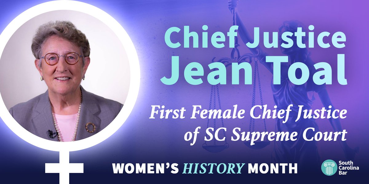 In celebration of Women's History Month, we recognize The Hon. Jean Hoefer Toal, the first woman to serve as Chief Justice of the South Carolina Supreme Court. Read more: loom.ly/iVij8G8 #SCBarWHM