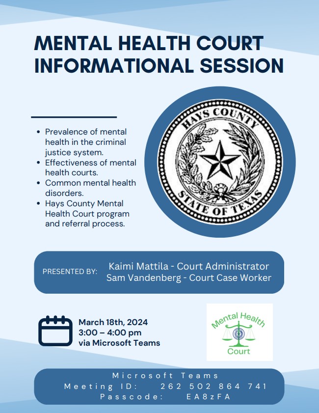 Curious about the Mental Health Court? Join us today at 3 p.m. to learn more about this innovative program in Hays County.