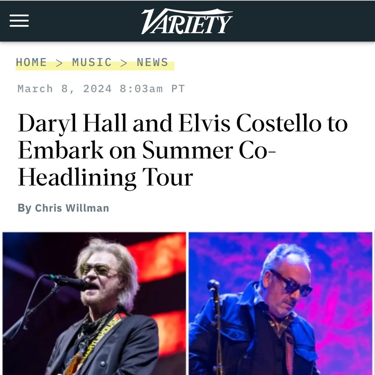 Daryl Hall and Elvis Costello to Embark on Summer Co-Headlining Tour (by @ChrisWillman ) via @Variety