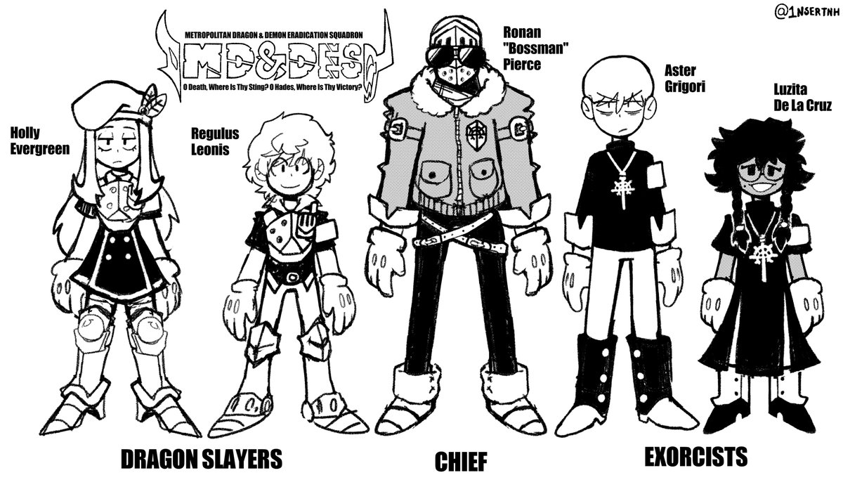 Here's the main cast for my next one shot. Might tweak their designs over time, but I think they'll overall stay the same. The best way I can describe this story is it's a modern day super natural crime fantasy.