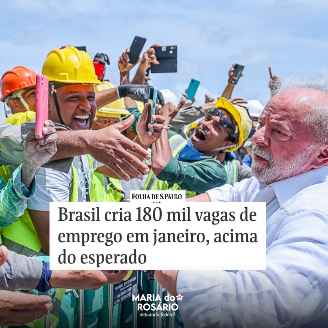 mariadorosario's tweet photo. Noticia Boa!
Esse ano o Brasil gerou 180 mil novos empregos formais desde janeiro, sendo o terceiro melhor resultado para o mês desde 2002. Parabéns presidente @LulaOficial, os resultados da sua promessa de mais emprego e renda digna para todos os brasileiros e brasileiras vem se cumprindo. E isso é só o começo. ⭐