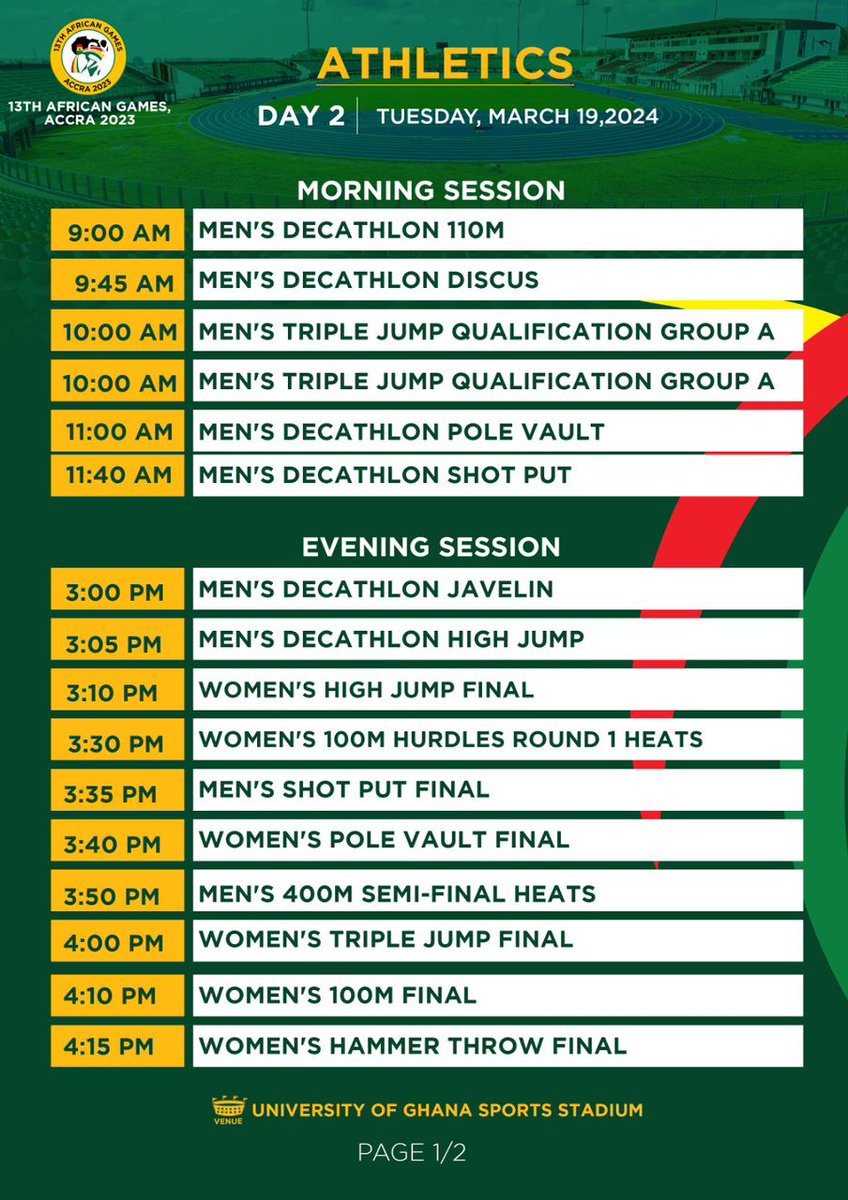 Annie06walters's tweet photo. Schedule for Athletics from Monday, 18th March to Friday, 22nd March.
#AfricanGames
#Accra2023
#FreeGate https://t.co/8cnORBJ8Ql