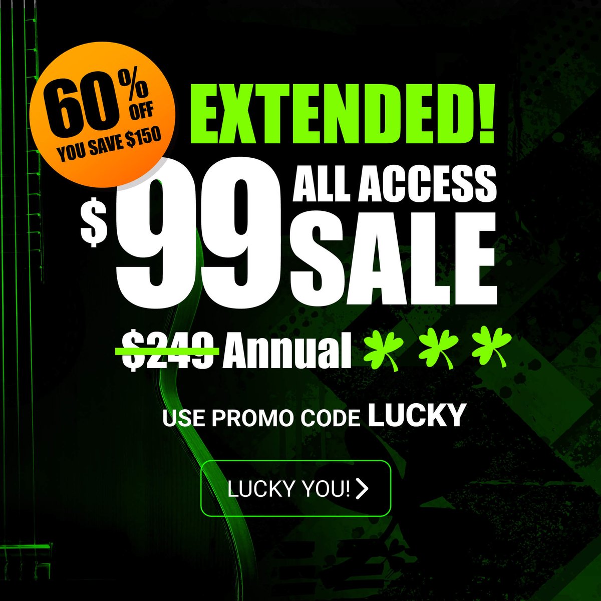 TrueFireTV's tweet photo. 🍀 Celebrate a bit longer with us! We're extending our St. Patrick's Day flash sale for just one more day, ending on Tuesday, March 19th at 12 PM ET. Use promo code LUCKY here: https://t.co/X9pA5JKtW2
#TrueFire #AllAccess #GuitarLessons https://t.co/NfDvA55K2u