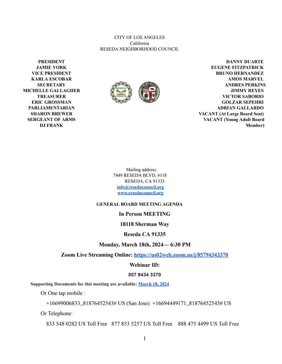 Reseda_NC's tweet photo. Reseda Neighborhood Council meeting will be in person at our office located at 18118 Sherman Way at 630pm. Visit https://t.co/cs6V2W6ril for the agenda and see you there! #meeting #Reseda #community https://t.co/ilypbl6sNx