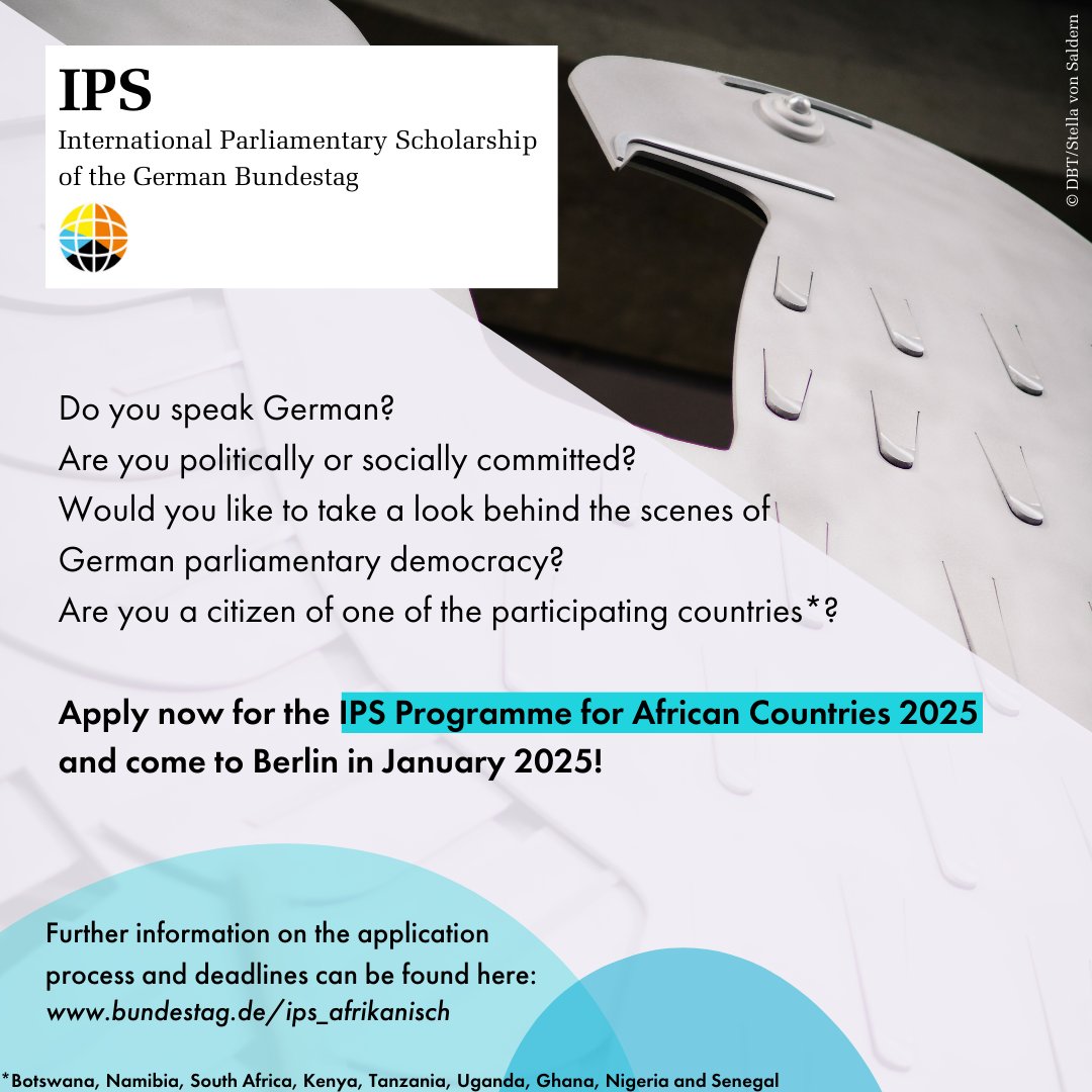 Applications for the German Bundestag's International Parliamentary Scholarship (IPS) for African Countries 2025 have opened. bundestag.de/en/europe/inte… Application deadline for applicants from West Africa (only Ghana, Nigeria, and Senegal): April 14, 2024.