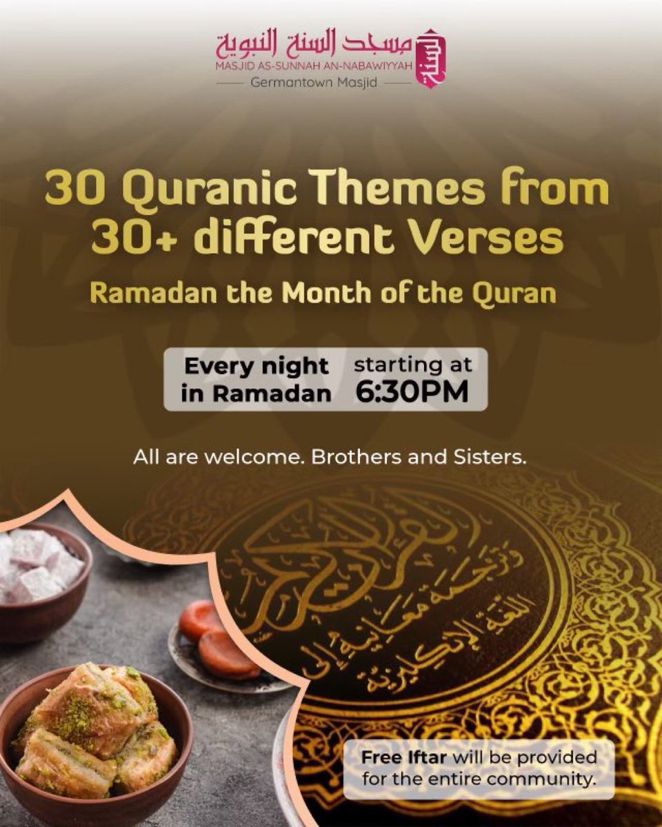 Ramadān 1445/2024 30 Themes From 30 Verses, To Better Ourselves and Our Communities Shaykh Hassan Somali Every day at 6:30pm EST, 10:30pm UK Broadcast LIVE via YouTube and Germantown Masjid Radio