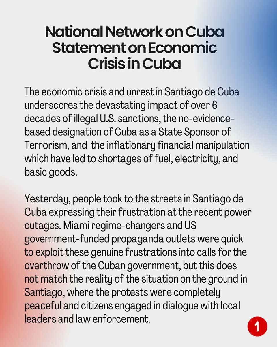 NNOCuba's tweet photo. 🚨 NNOC Statement on Economic Crisis in Cuba

We call for the US to take Cuba off the “State Sponsors of Terrorism” List and lift all its sanctions on Cuba. These measures would immediately help alleviate Cuba’s economic crisis and shortages.

#AbajoElBloqueo #OffTheList https://t.co/gDS0FrQU4B