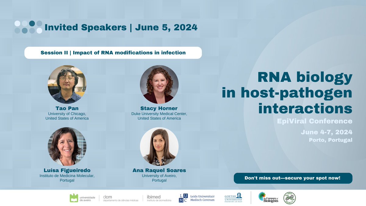 EpiViral (@viral_epi) on Twitter photo Don't miss the session 'Impact of RNA modifications in infection' with the invited speakers T Pan, S Horner
@TheHornerLab, L Figueiredo <a href="/luisamfigueired/">Luisa Figueiredo</a>
and A R Soares <a href="/SoaresRna/">ARS_Lab (tRNA epitranscriptome and Disease)</a>.
Abstract deadline: April 15
Registration deadline: May 4
More info: bit.ly/RNAHostPath Don't miss the session 'Impact of RNA modifications in infection' with the invited speakers T Pan, S Horner
@TheHornerLab, L Figueiredo <a href="/luisamfigueired/">Luisa Figueiredo</a>
and A R Soares <a href="/SoaresRna/">ARS_Lab (tRNA epitranscriptome and Disease)</a>.
Abstract deadline: April 15
Registration deadline: May 4
More info: bit.ly/RNAHostPath
