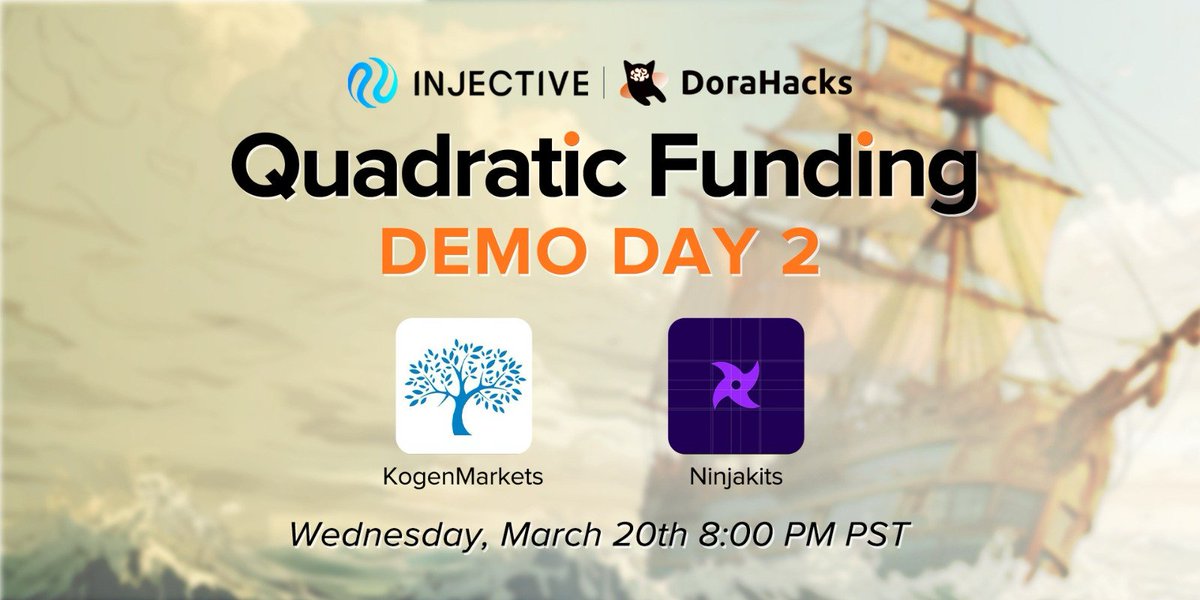 Join us for Demo Day 2 of <a href="/injective/">Injective 🥷</a> Grant DAO Quadratic Funding, spotlighting projects <a href="/KogenMarkets/">Kogen Markets</a>  and <a href="/NinjaKits_/">NinjaKits - DeFixNFT Injective Portfolio Manager</a> ! Witness innovation within the Injective ecosystem.

⏰ March 20th, 8PM PST
📺 Binance Live: binance.com/en/live/video?…
📺 YouTube: youtube.com/live/5R2ggF3Iq…