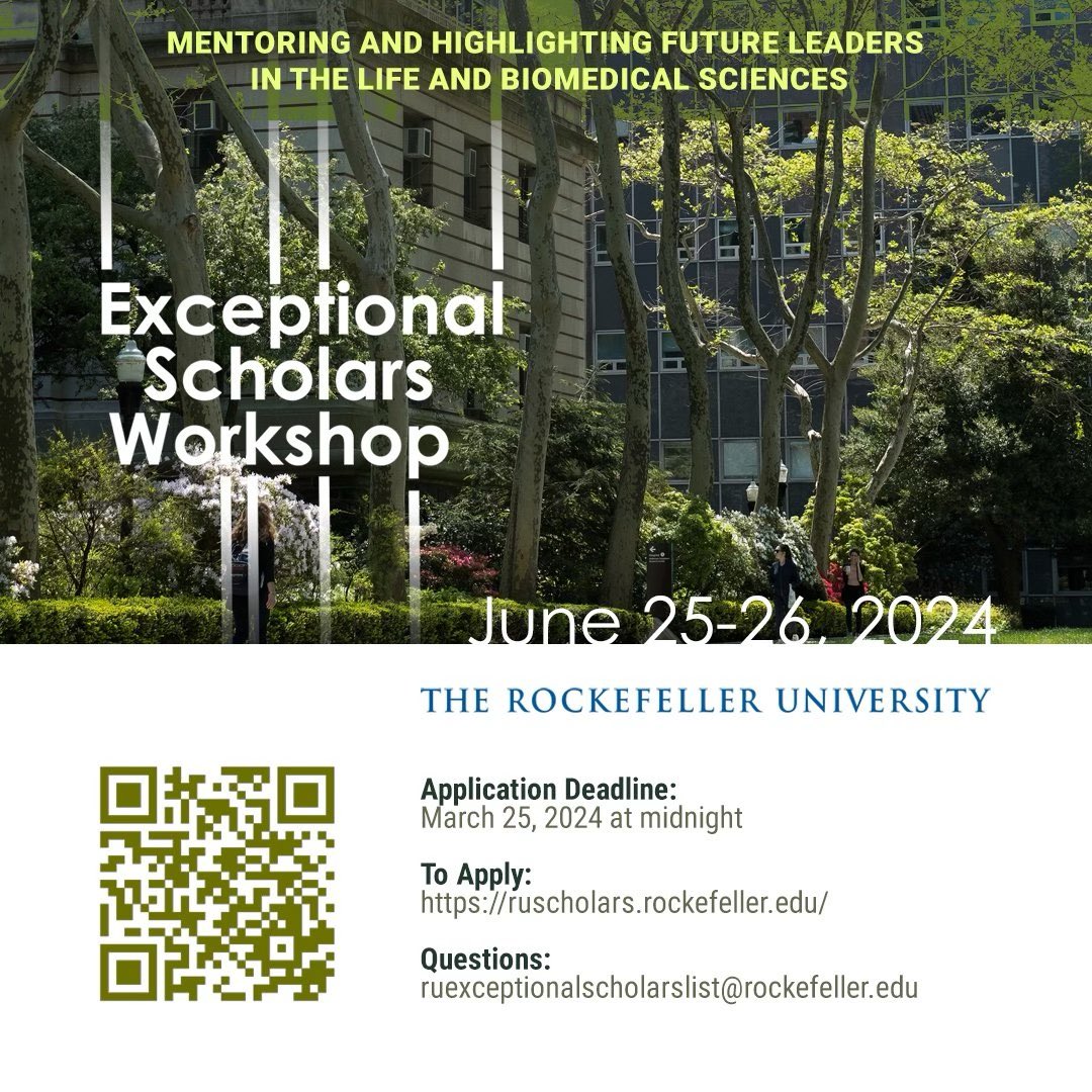 Apply by March 25 to participate in the @RockefellerUniv Exceptional Scholars Workshop! A great opportunity for postdocs of diverse backgrounds to get mentoring designed to prepare for success on the academic job market. ruscholars.rockefeller.edu