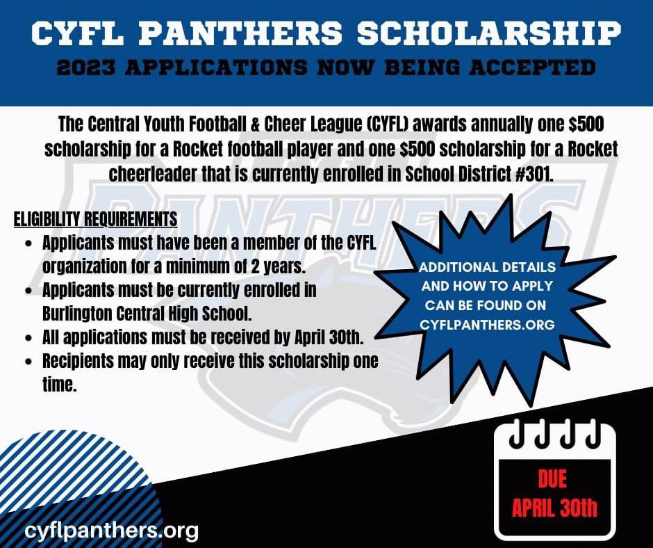 cyflrockets's tweet photo. Attention all former Panther athletes! We are now accepting scholarship applications.

Details can be found here: https://t.co/yKnnHyPn90
@CHSFootball100 
@AthleticsRocket 
@CHSRocketsCheer https://t.co/b1fLWYblQM