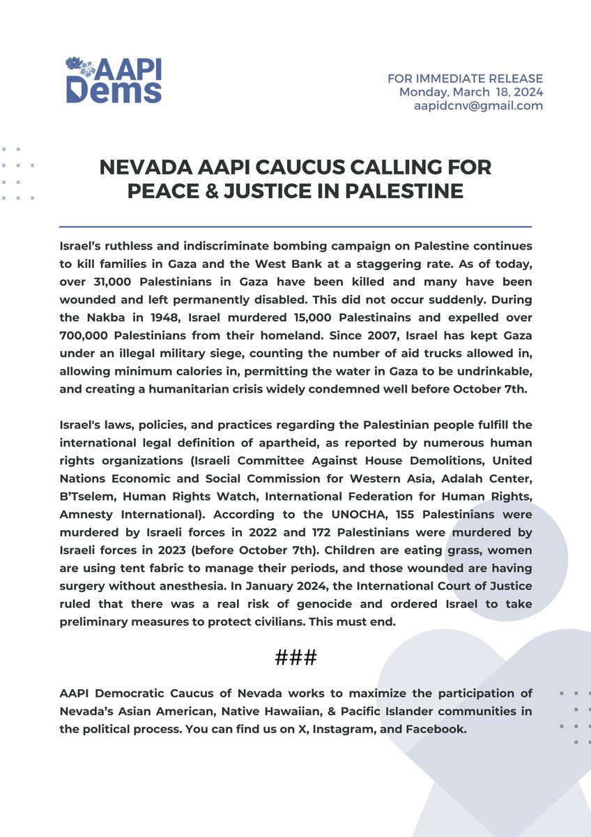 AAPIDemsNV's tweet photo. @AAPIDemsNV stands united for justice and peace ✊🏽 With the election of our new executive board, addressing rising hate and violence is a top priority. 

⬇️ READ our statement on the ongoing conflict in SWANA region and the urgent need for a lasting ceasefire. https://t.co/9qkAMplhx7