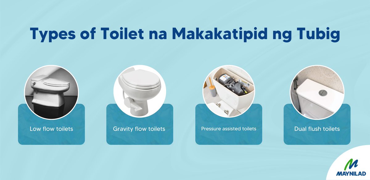 maynilad's tweet photo. Kung oras na para palitan ang toilet niyo sa bahay, heto ang ibang toilet types na pwedeng makatipid ng water consumption! #TubigSavvyTips https://t.co/e7i3rIgDwq