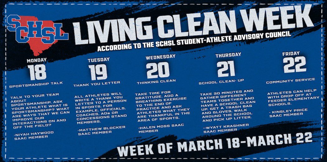 🚨It’s Living Clean Week in the @SCHSL…we want to ensure you “Keep the sports clean”…check out the graphic to see what the SCHSL SAAC students had to say about Living Clean‼️Visit schsl.org/archives/13142 for more… #WeAraSCHSL #LivingClean