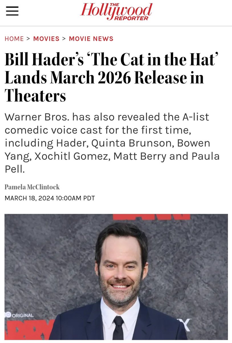 Matt Berry announced for yet ANOTHER role, this time in his friend Bill Hader's upcoming version of The Cat in the Hat, which has been announced for a 2026 release in Variety and HR today hollywoodreporter.com/movies/movie-n…