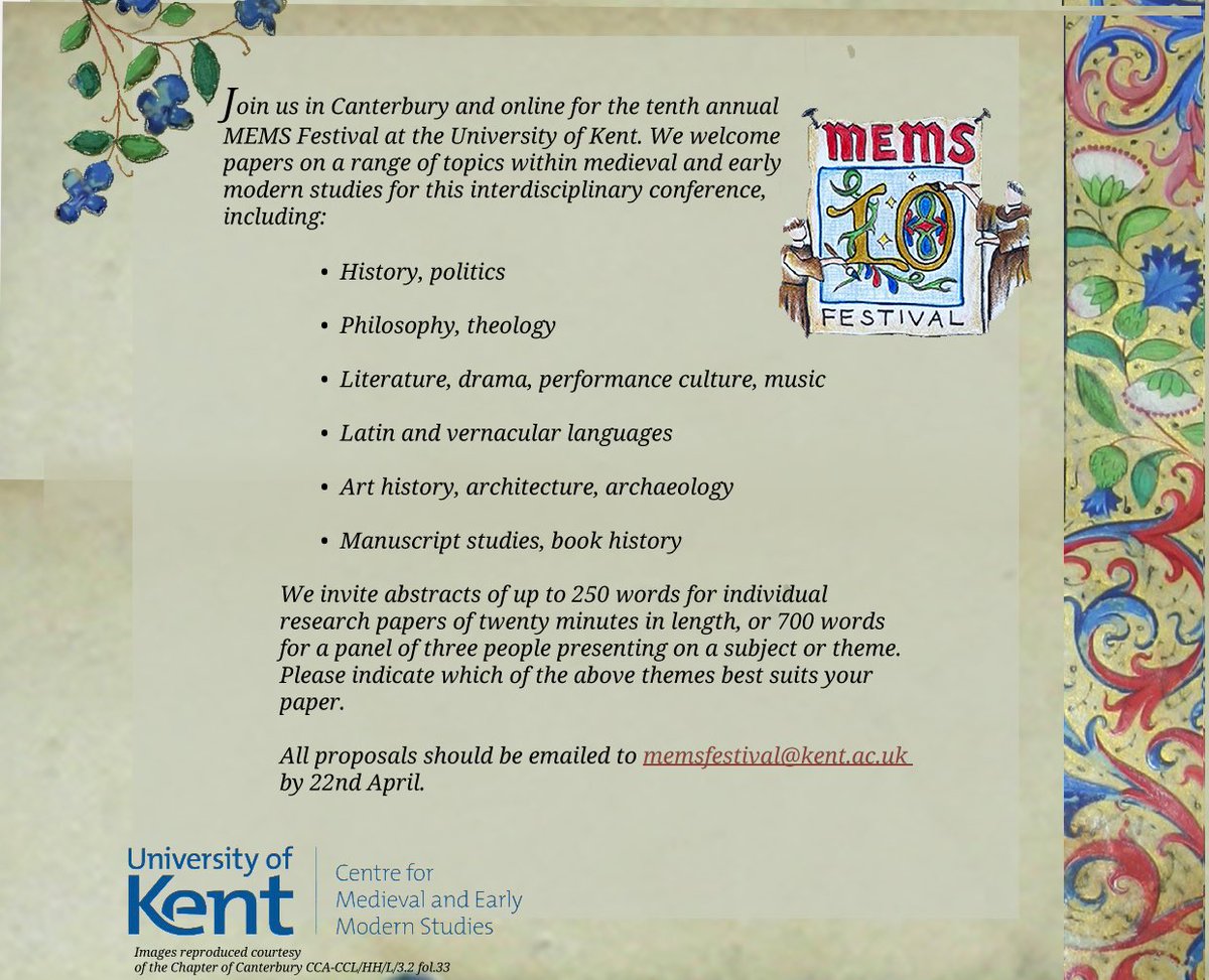 Medievalists and Early Modernists Rejoice! MEMS Fest 2024 Call for Papers is Now Open. For further queries please contact us at memsfestival@kent.ac.uk or visit our website at memsfest.wordpress.com 🎉