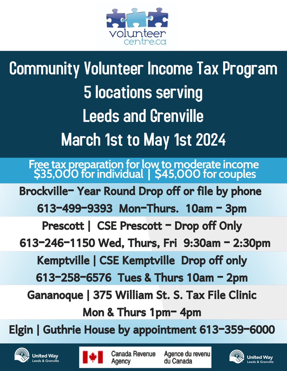📢United Way does not do income tax, but the Volunteer Centre @vc_stlr does! Please call them at 613-499-9393. Please note that clients in Brockville must use street parking and entry is through the door at the side of the building, not through the front entrance.