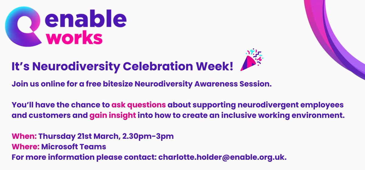 At Enable Works, we’re taking part #NeurodiversityWeek and we’d love for you to join us! 

Did you know... Around 15-20% of people across the globe are considered #Neurodivergent. 

We help #employers understand #Neurodiversity every day.

Sign up here: shorturl.at/GJL68