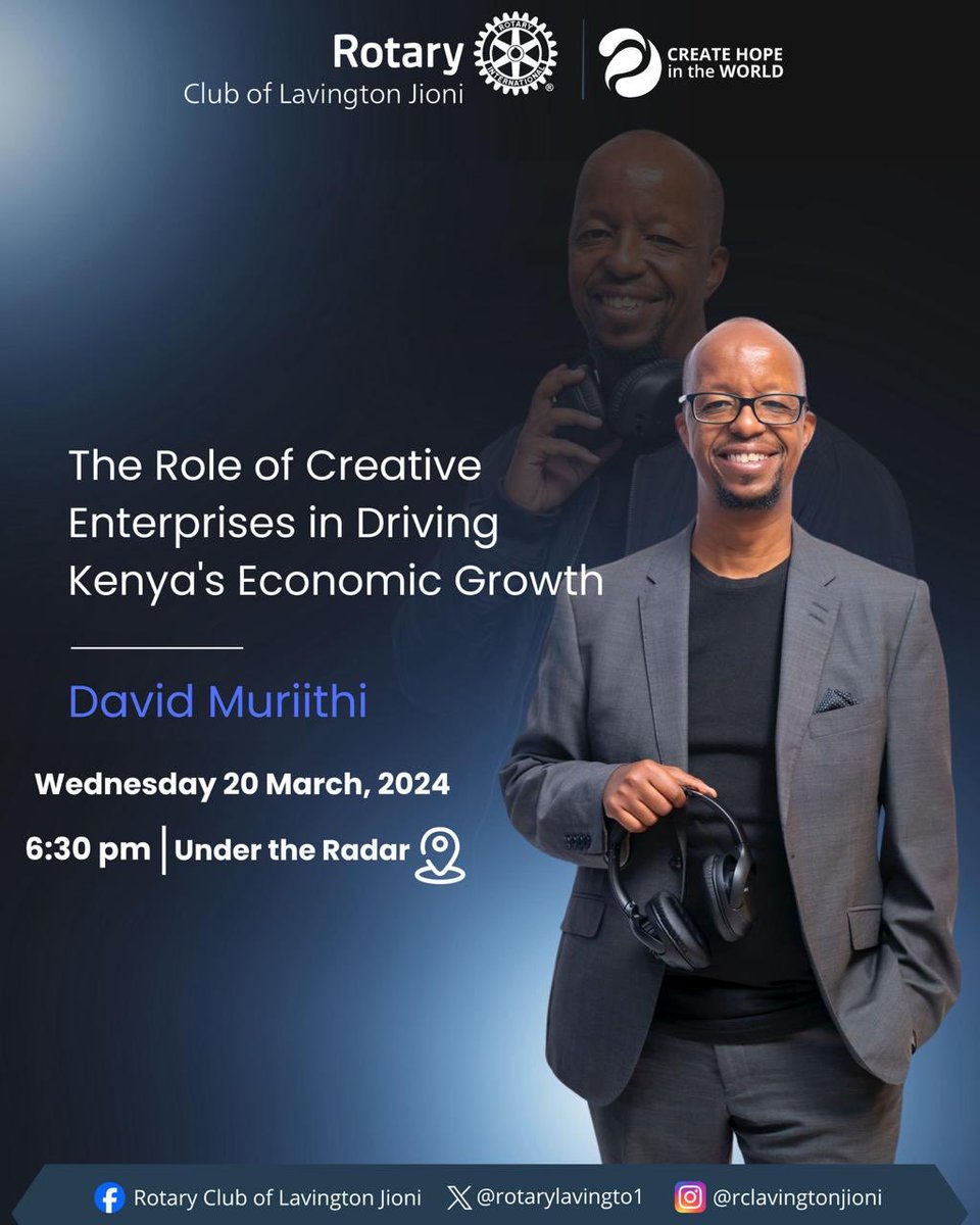 Fellow Rotarians. It is with great pleasure that we invite you to our fellowship on Wednesday 20th March. We shall be hosting David Muriithi as our speaker. Venue:Under The Radar @ 6.30pm. We look forward to seeing you all there #RI #CreativeEconomy