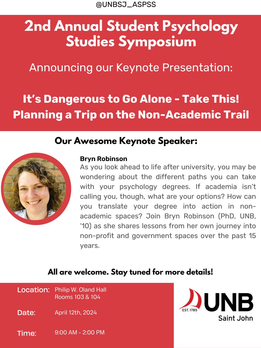 We are excited to announce that @brynphd will be our keynote speaker at the upcoming symposium on April 12th! Save the date! More details, including a full schedule, will be coming soon. <a href="/UNB/">UNB</a> <a href="/UNBResearch/">UNB Research</a> <a href="/UNBSJPsych/">UNBSJ Psych</a> <a href="/thebaronsj/">The Baron</a>