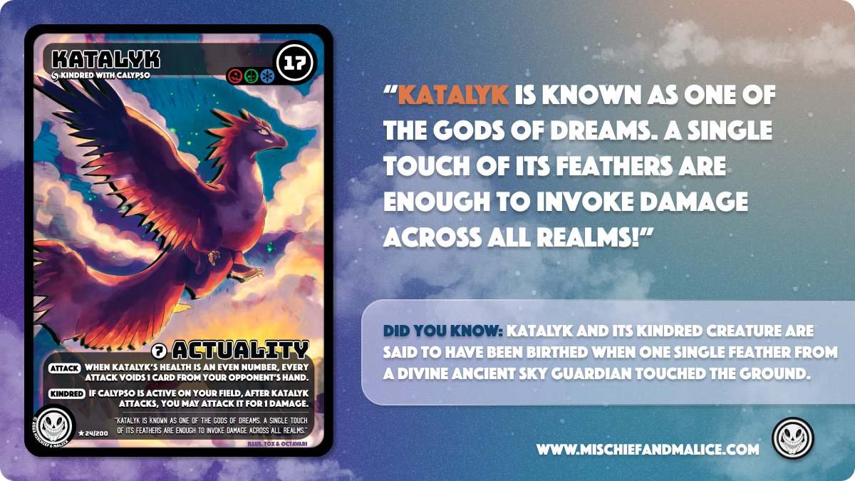 Introducing: Katalyk!

Katalyk and its Kindred creature are said to have been birthed when one single feather from a divine ancient sky guardian touched the ground.

Join our server through the link below: 👇

discord.gg/mischiefandmal… #mischiefandmalice